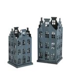 Grey metal lantern house with glass insert in vintage style - garden lighting for cozy evenings outdoors